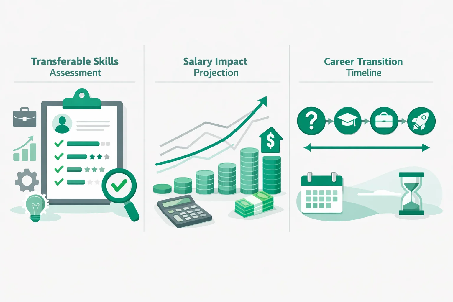 Career change readiness assessment showing five dimensions: transferable skills, values alignment, risk tolerance, financial readiness, and life stage flexibility