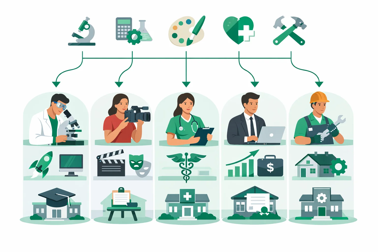 Career exploration map for teens showing 8 career spark types with school subjects, extracurriculars, and career paths branching from each